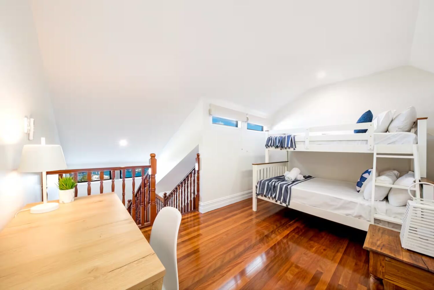 Upstairs bunk room with double bunk and single bed